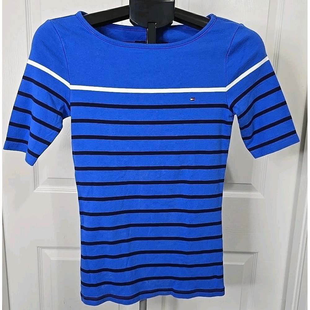 Tommy Hilfiger Women's Small Striped Shirt Blue/Black/White Logo Short Sleeve